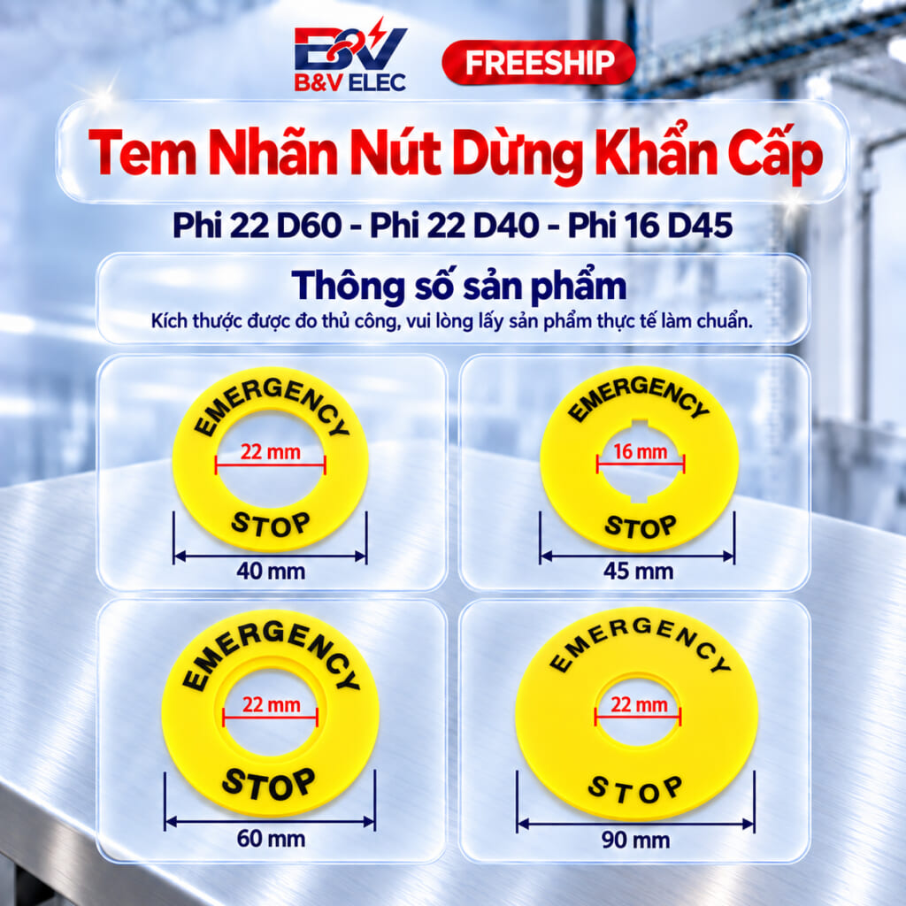 Tem Nhãn Nút Dừng Khẩn Cấp B&V ELEC Phi 16/22mm (D40-D45-D60-D90)