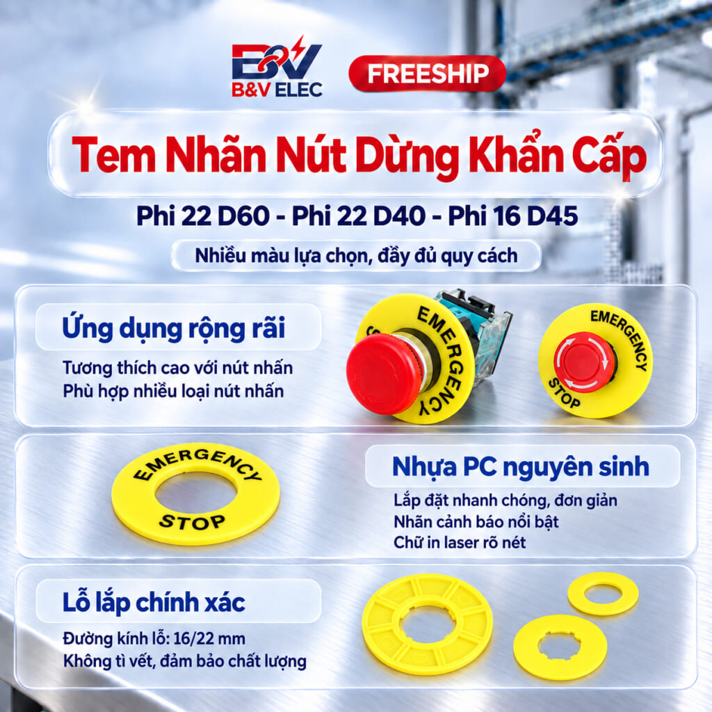 Tem Nhãn Nút Dừng Khẩn Cấp B&V ELEC Phi 16/22mm (D40-D45-D60-D90)