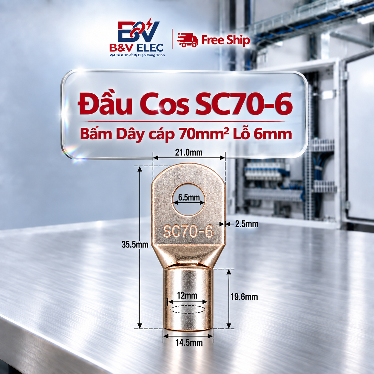 Đầu Cốt SC70-6 Bấm Dây Cáp Điện 70mm2 Lỗ 6mm B&V Elec Dùng Cho Tủ Điện Công Nghiệp Đồng Mạ Tiken Chịu Tải Tốt Bền Đẹp - Ảnh 3