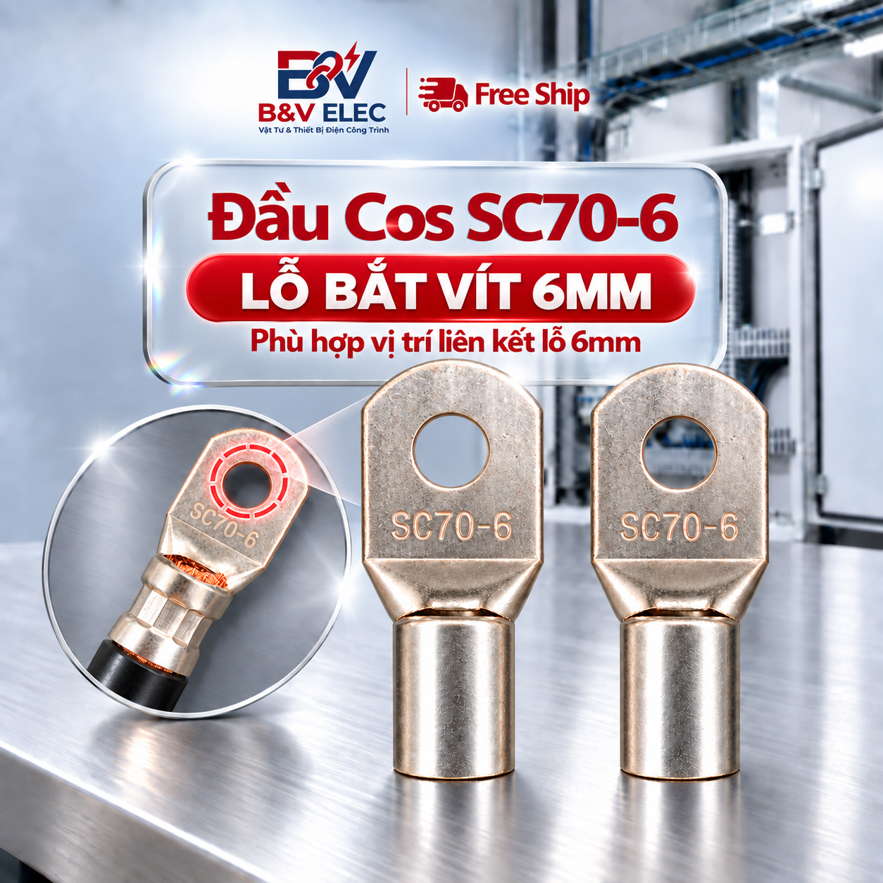 Đầu Cốt SC70-6 Bấm Dây Cáp Điện 70mm2 Lỗ 6mm B&V Elec Dùng Cho Tủ Điện Công Nghiệp Đồng Mạ Tiken Chịu Tải Tốt Bền Đẹp - Ảnh 5