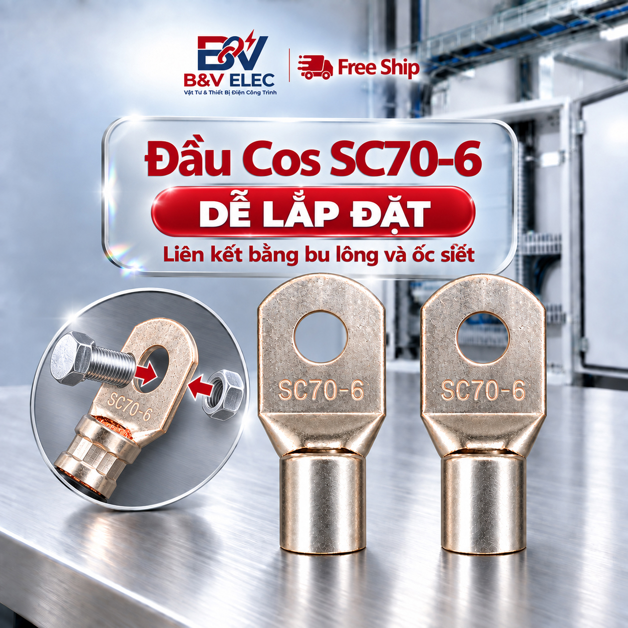 Đầu Cốt SC70-6 Bấm Dây Cáp Điện 70mm2 Lỗ 6mm B&V Elec Dùng Cho Tủ Điện Công Nghiệp Đồng Mạ Tiken Chịu Tải Tốt Bền Đẹp - Ảnh 8