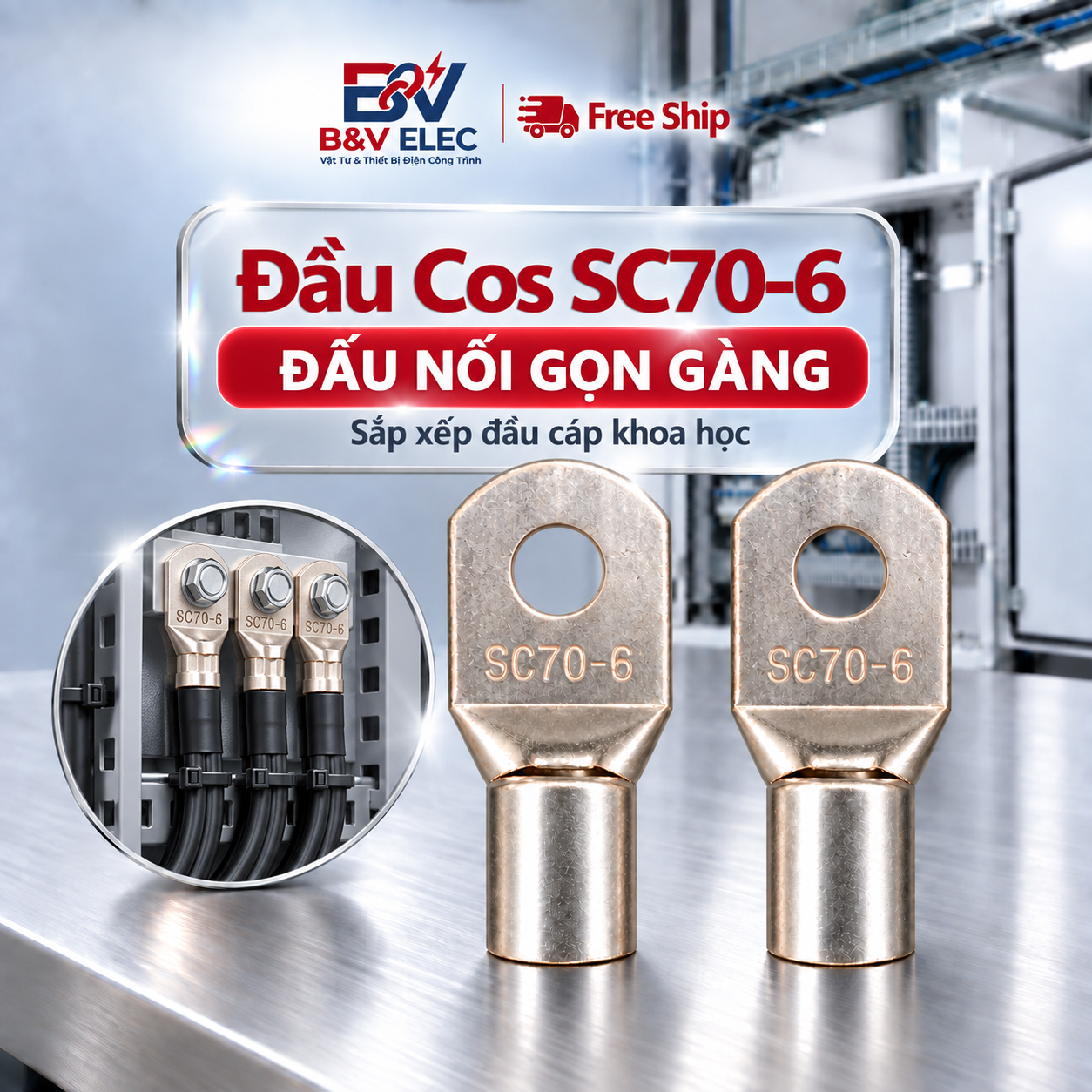 Đầu Cốt SC70-6 Bấm Dây Cáp Điện 70mm2 Lỗ 6mm B&V Elec Dùng Cho Tủ Điện Công Nghiệp Đồng Mạ Tiken Chịu Tải Tốt Bền Đẹp - Ảnh 9